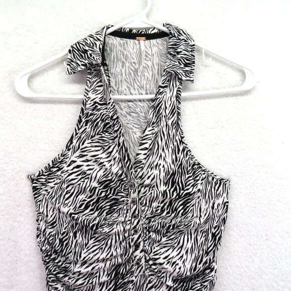 Free People Shirt Size XS Black White Zebra Print Ruched Collared Halter Top - Picture 2 of 9